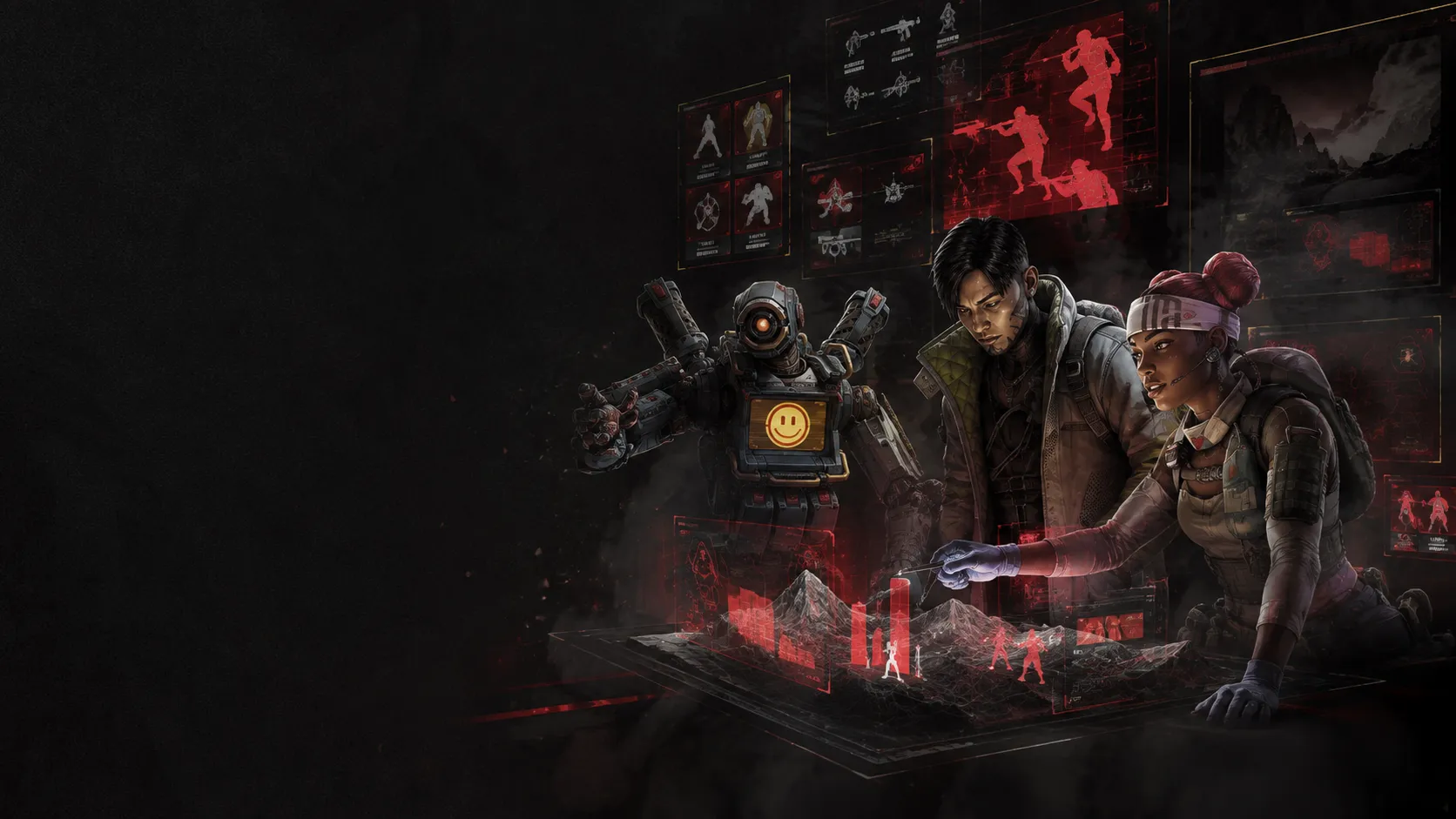 Escena de Apex Legends: tres personajes estudian paneles holográficos con información táctica
